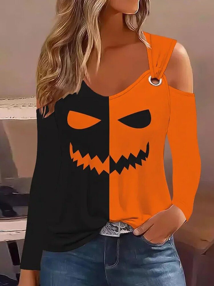 Damen-T-Shirt mit Halloween-Motiv, lustigem Aufdruck, Patchwork, kalte Schulter