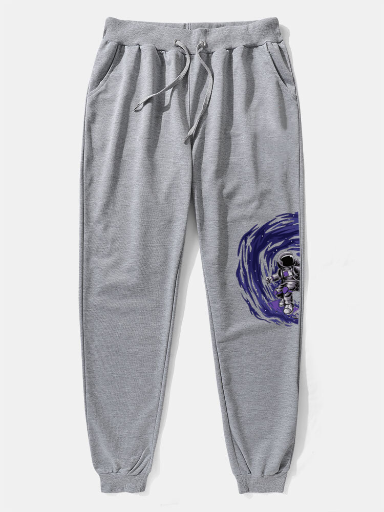 

Mens Space Astronaut Side Print Casual Drawstring Cuffed Sweatpants, Black;dark gray;gray;navy