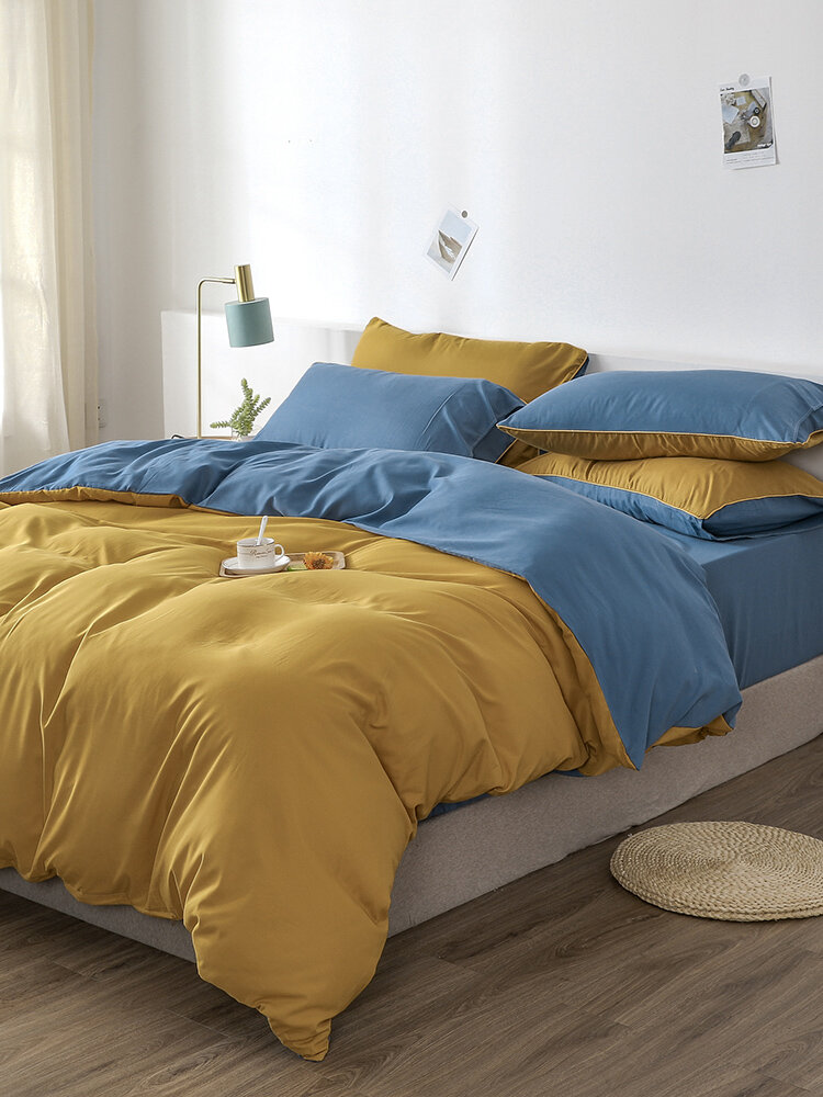 2/3Pcs Yellow AB Sided Plain Color Comfy Bedding Duvet Cover Set Pillowcase Adults Bed Duvet Set Twin King