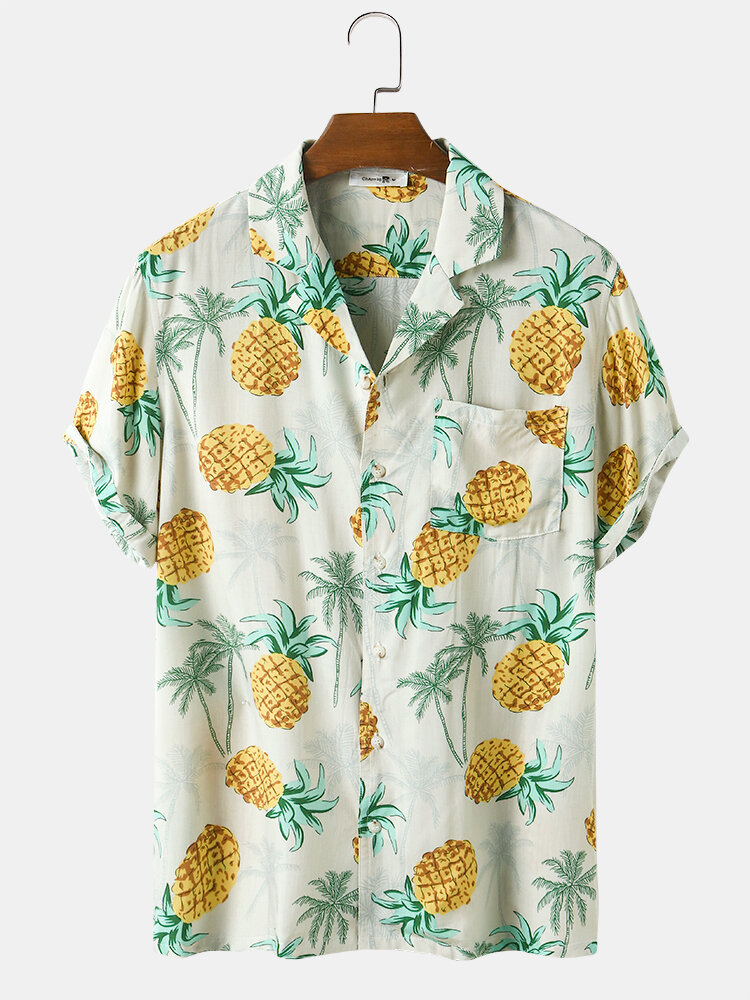 Men Pineapple Print Casual Vacation Turn-down Collar Shirt