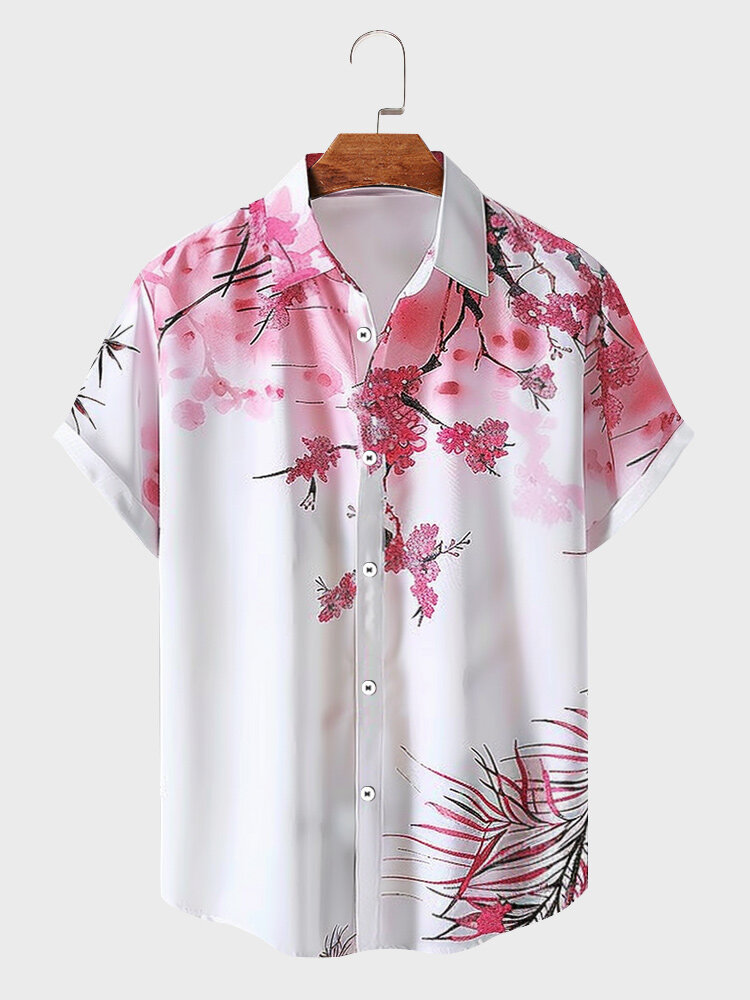 

Mens Floral Plant Ombre Print Lapel Short Sleeve Shirts, Pink