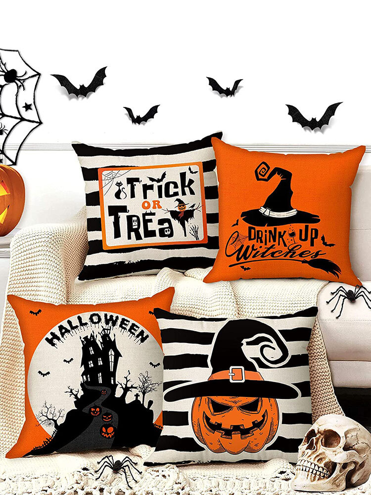 4 PCs Retro Linen Pumpkin Bat Pattern Festival Decoration Halloween Cushion Cover Throw Pillow Cover Pillowcase