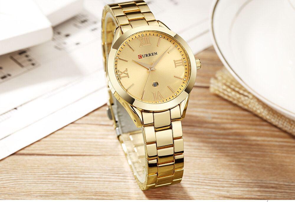 Fashion Quartz Wristwatches Stainless Steel Strap Roman Number Dial Date Display Watches for Women