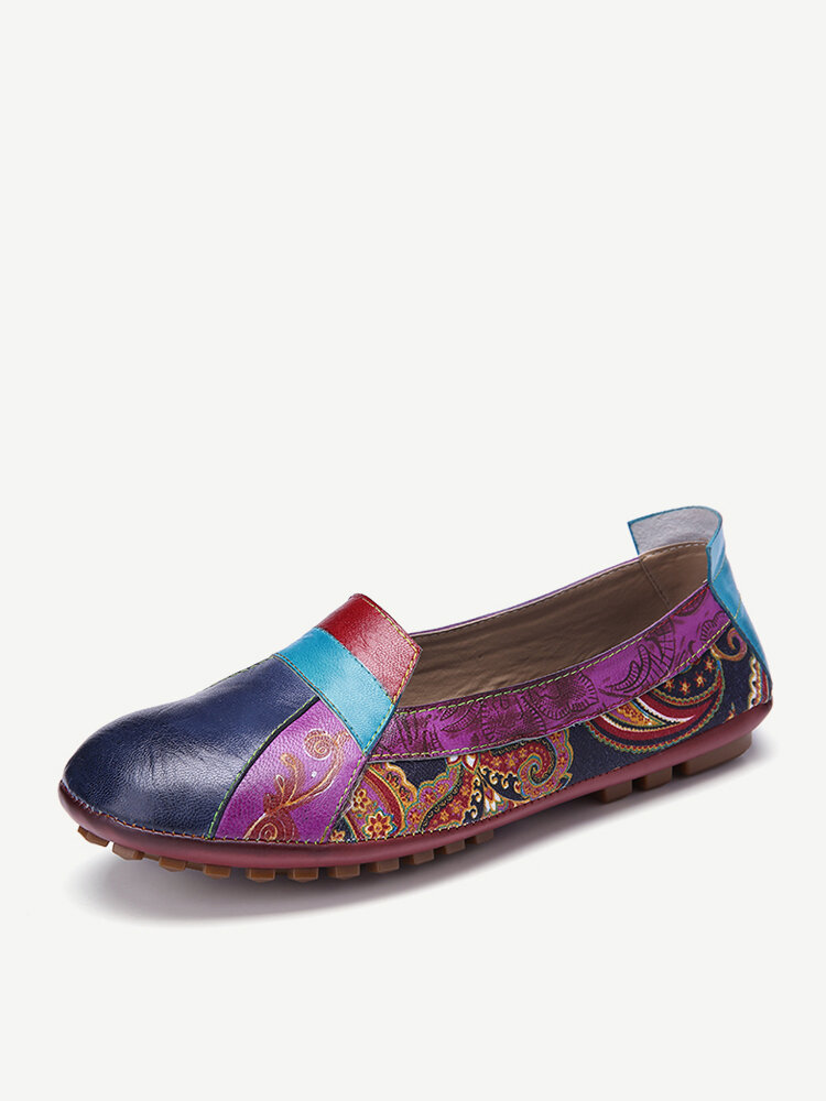 SOCOFY Bohemian Soft Leather Splicing Paisley Slip on Loafers Moccasin Flat Shoes