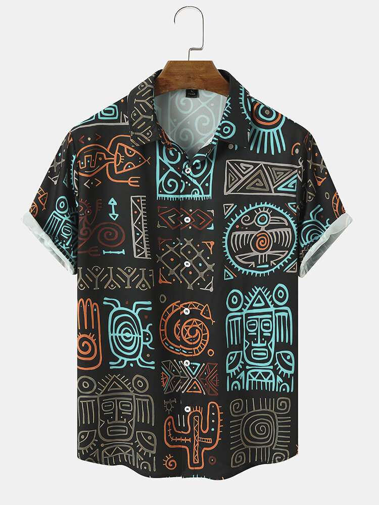 Mens Ethnic Tribal Pattern Button Up Short Sleeve Shirts