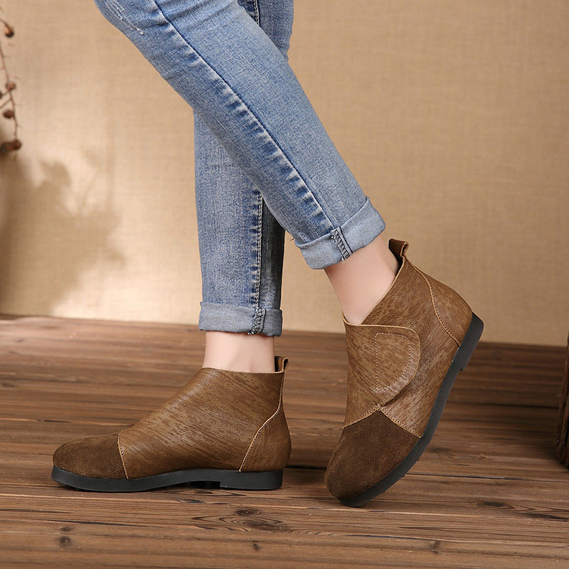 Women Retro Soft Genuine Leather Splicing Hook Loop Flat Ankle Boots