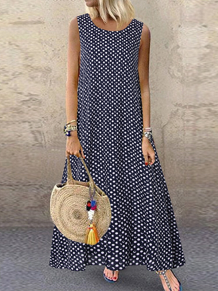Casual Polka Dot Print Sleeveless Plus Size Dress with Pockets