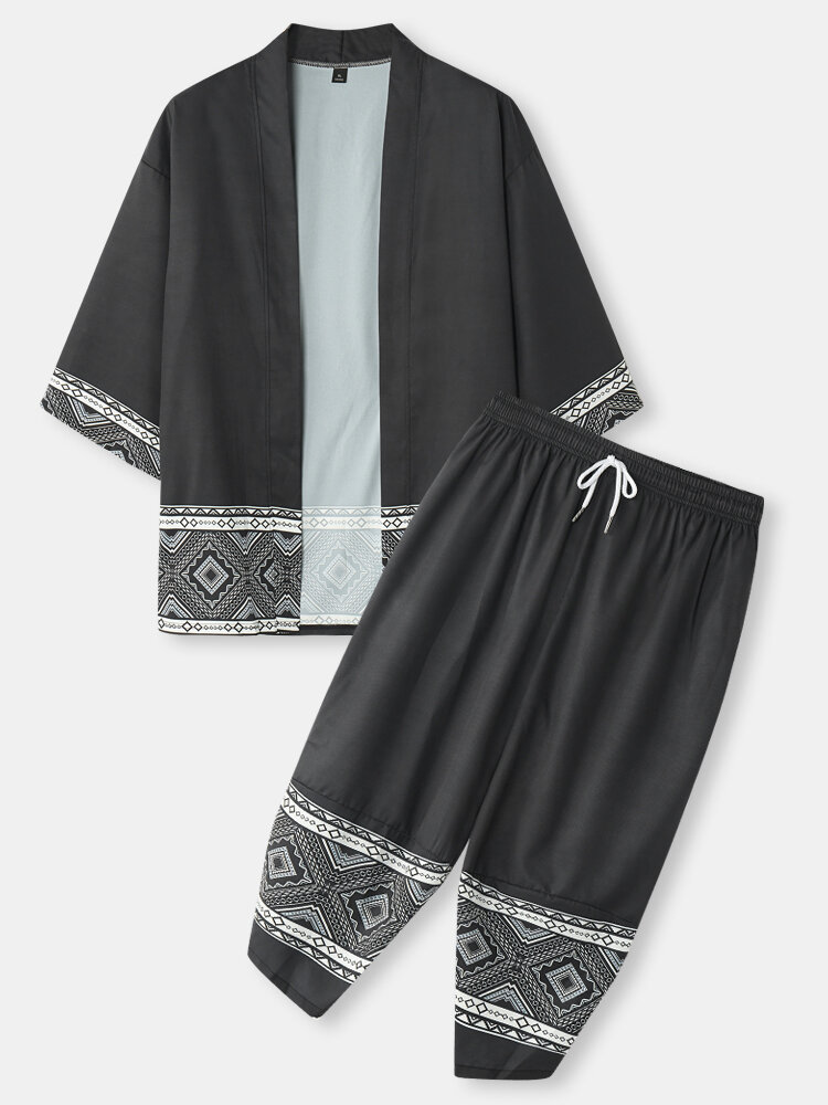 Mens Argyle Geo Print Open Front Kimono Cropped Two Pieces Outfits