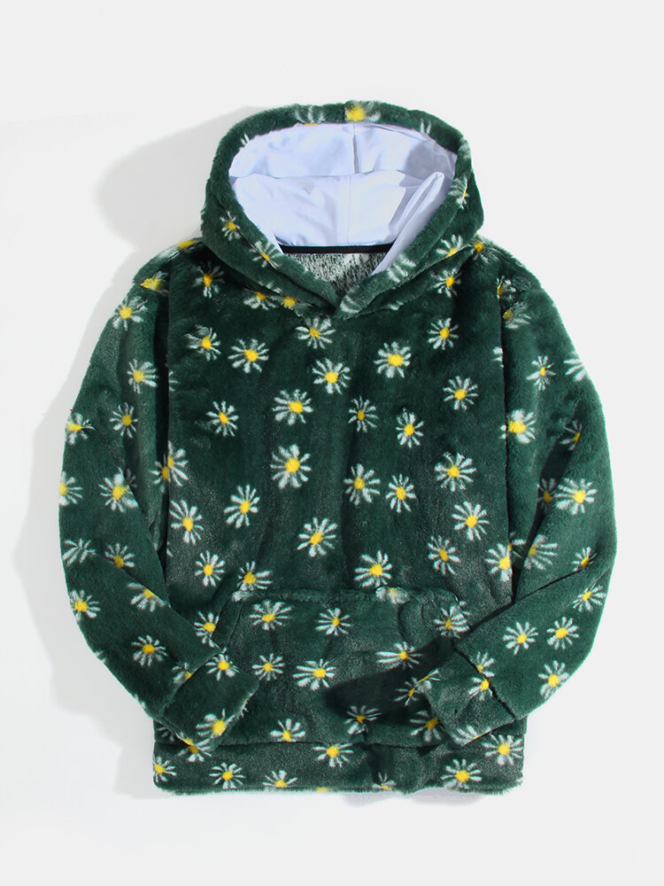 Mens Plush Allover Daisy Pattern Cotton Casual Hoodies With Pouch Pocket