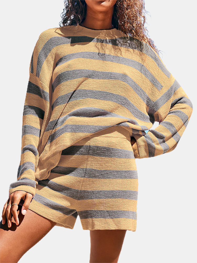 Striped Long Sleeve O-neck Sweater And Elastic Waist Shorts Suit For Women