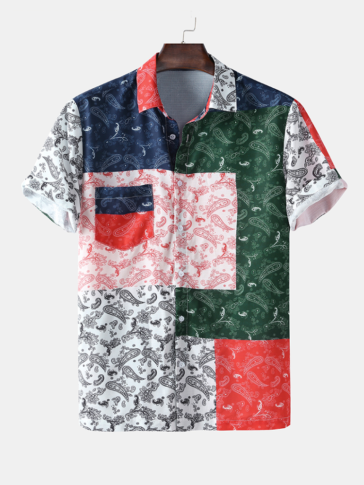 Mens Patchwork Hit Color Ethnic Printed Chest Pocket Short Sleeve Loose Shirt