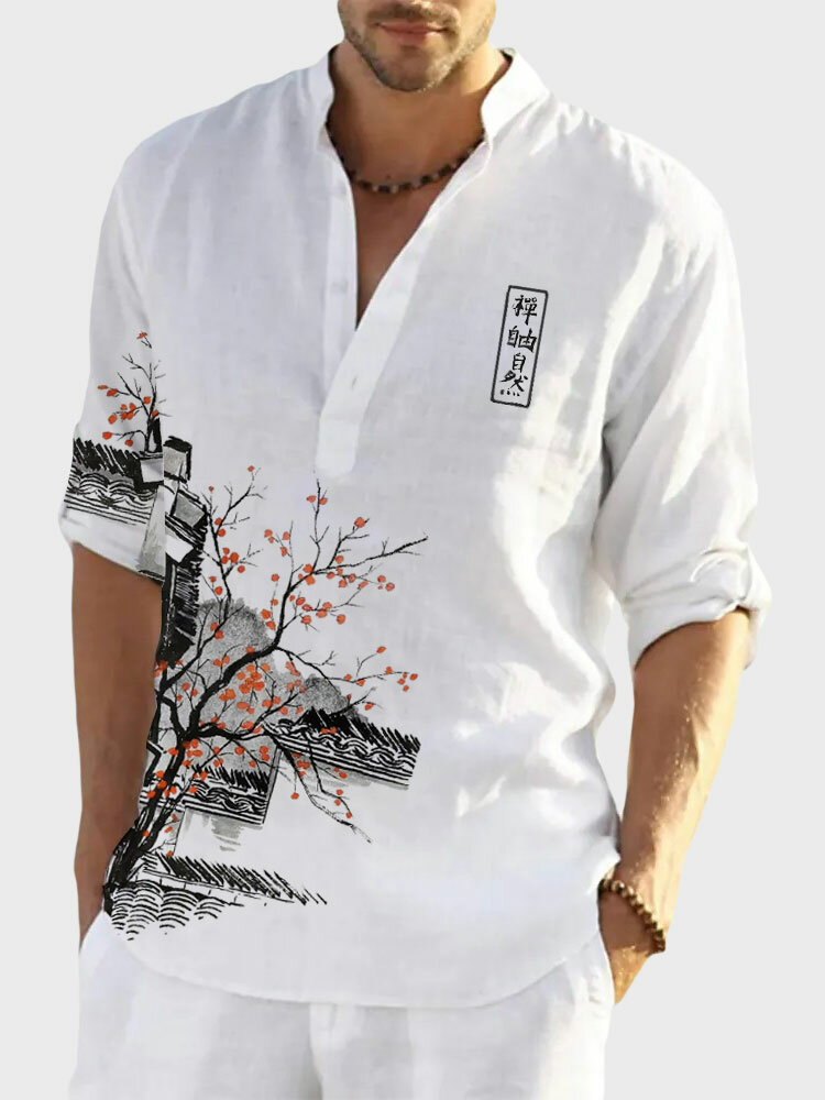 Camicie Henley da uomo con stampa paesaggistica cinese, colletto alla coreana e mezzo bottone