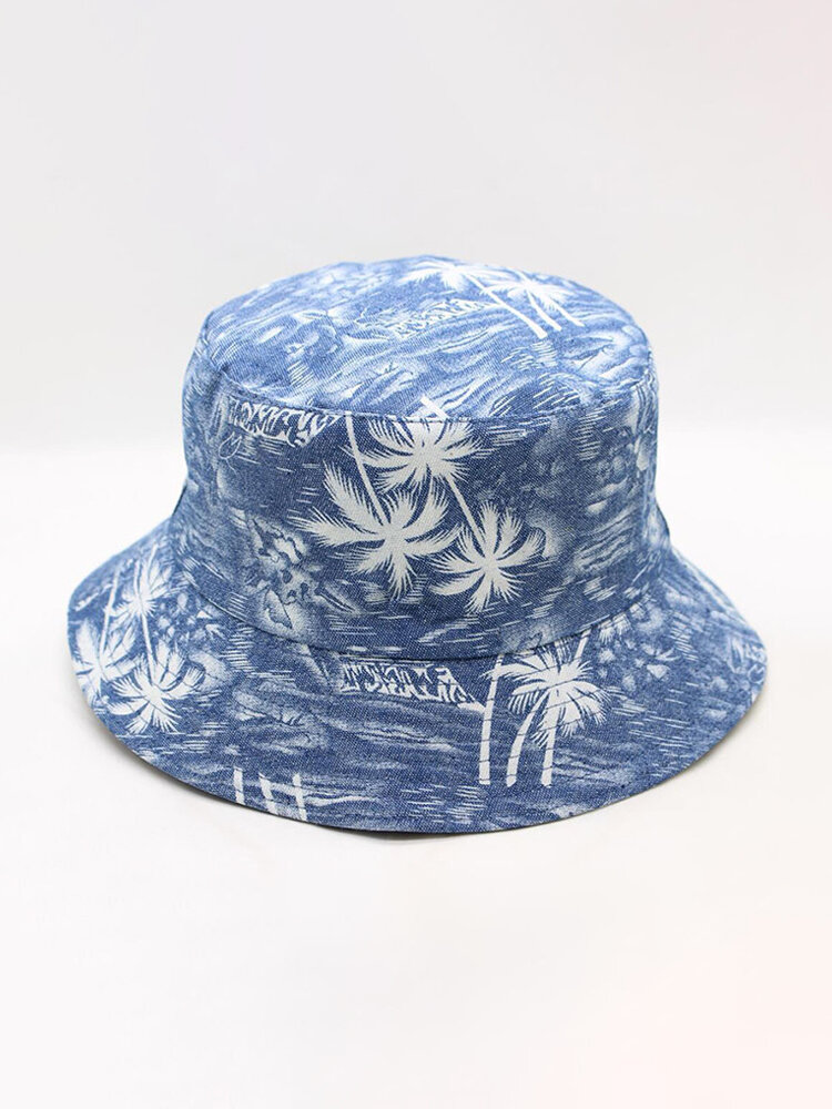 Men Blue Printed Coconut Tree Double-sided Available Side Holiday Sun Bucket Hat