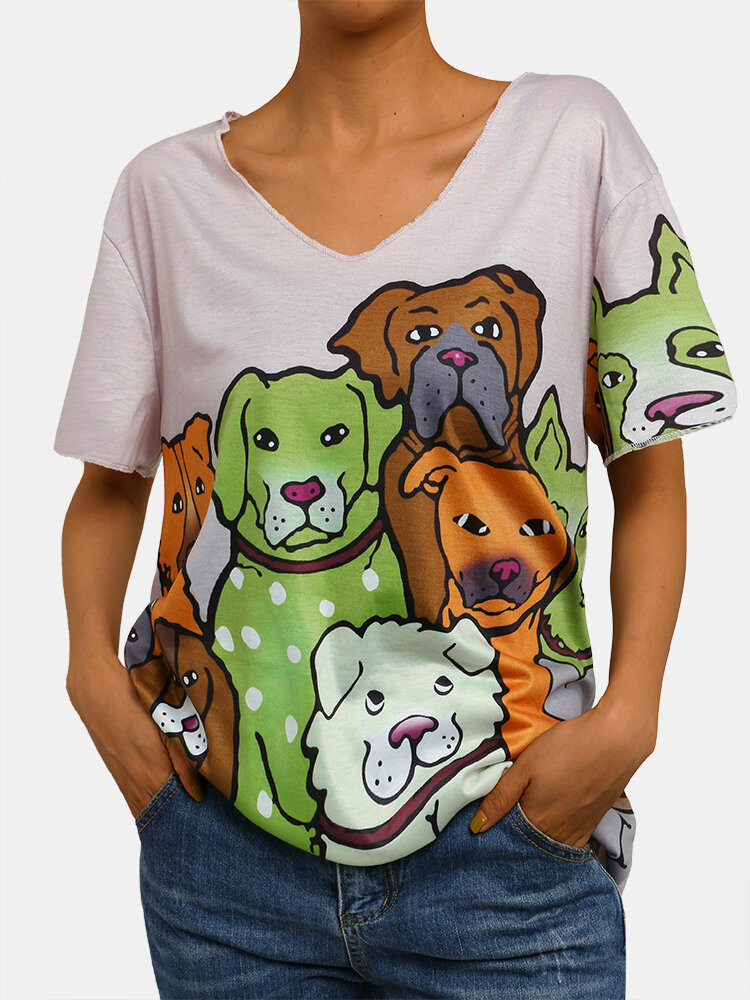 Cute Dogs Print Short Sleeve V-neck Plus Size T-shirt