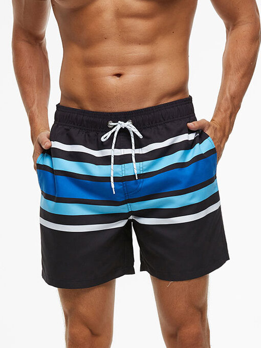Men Stripe Casual Shorts Quick Drying Colorblock Mid Length Beach Board Shorts with Mesh Liner