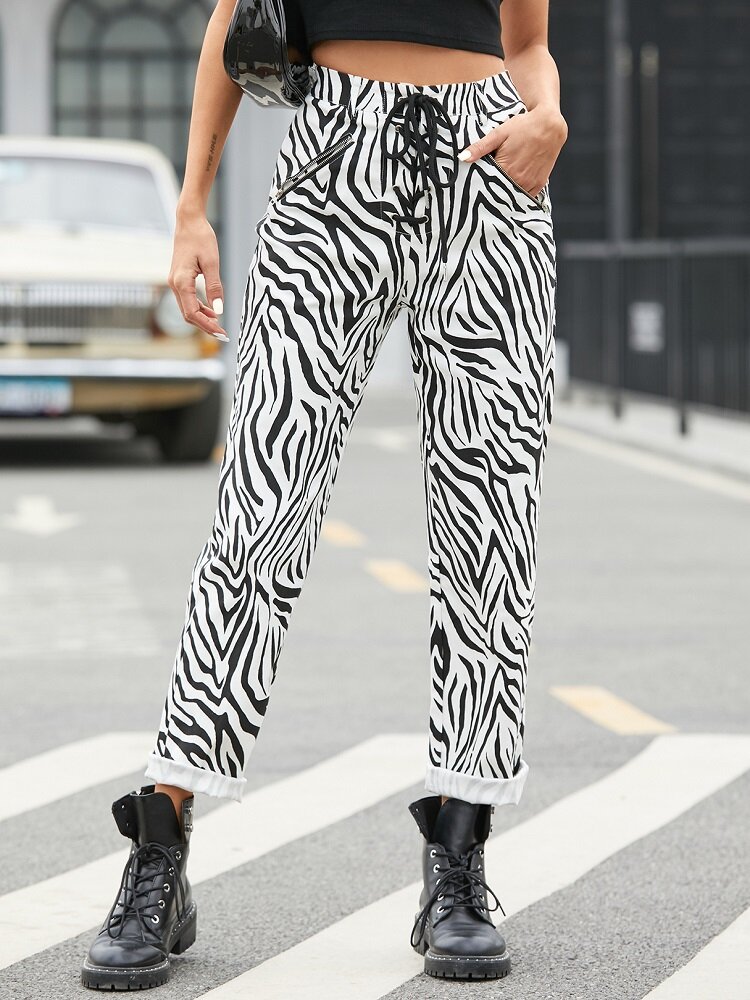 Zebra Print Drawastring Elastic Waist Casual Pants with Pocket