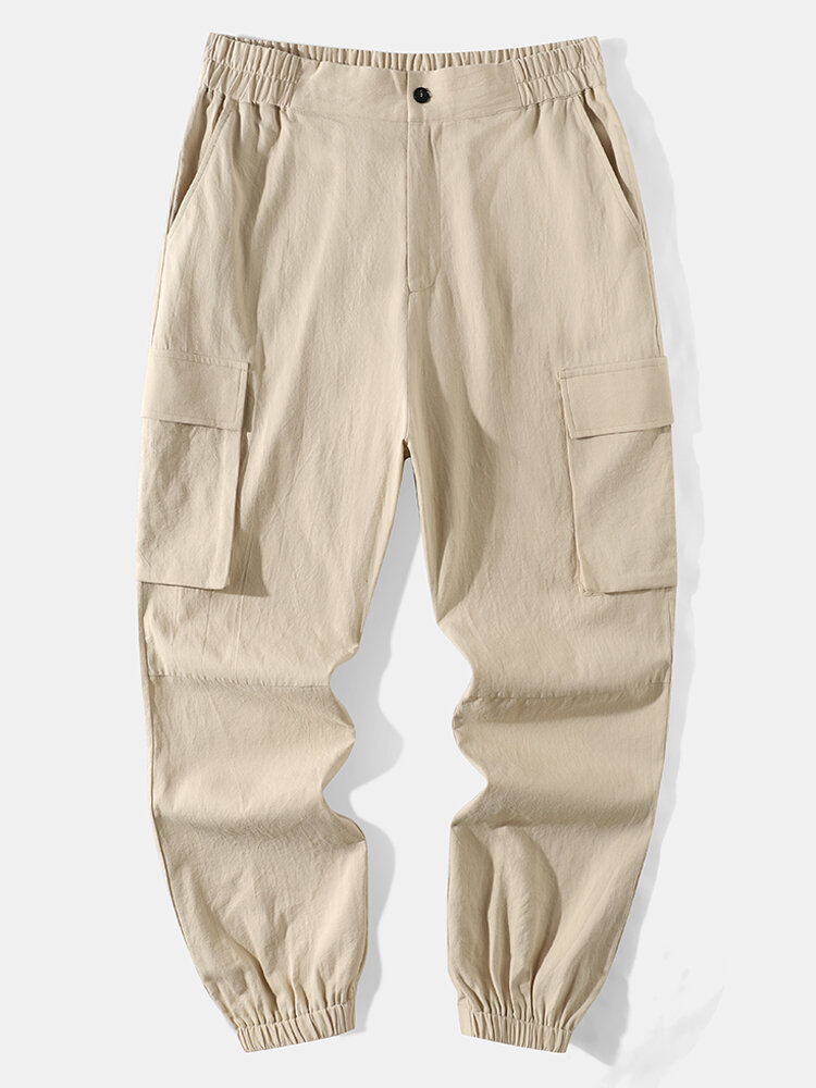 Mens Solid Color Flap Pocket Loose Cuffed Cargo Pants