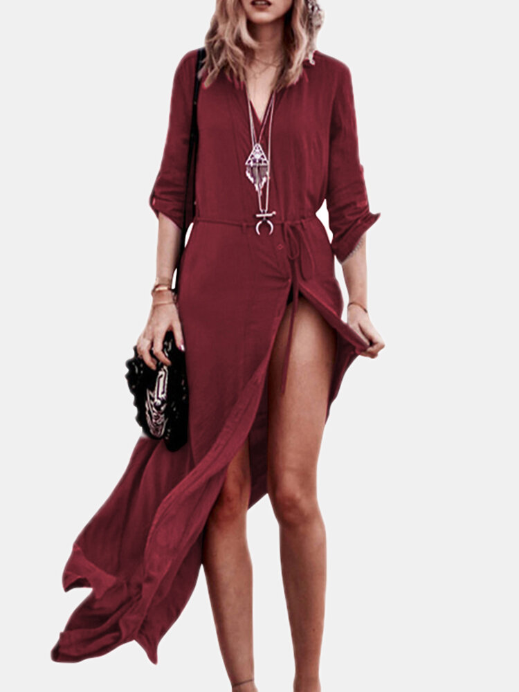 Solid Color Lace-up Turn Down Collar Long Sleeves Loose Blouse Dress