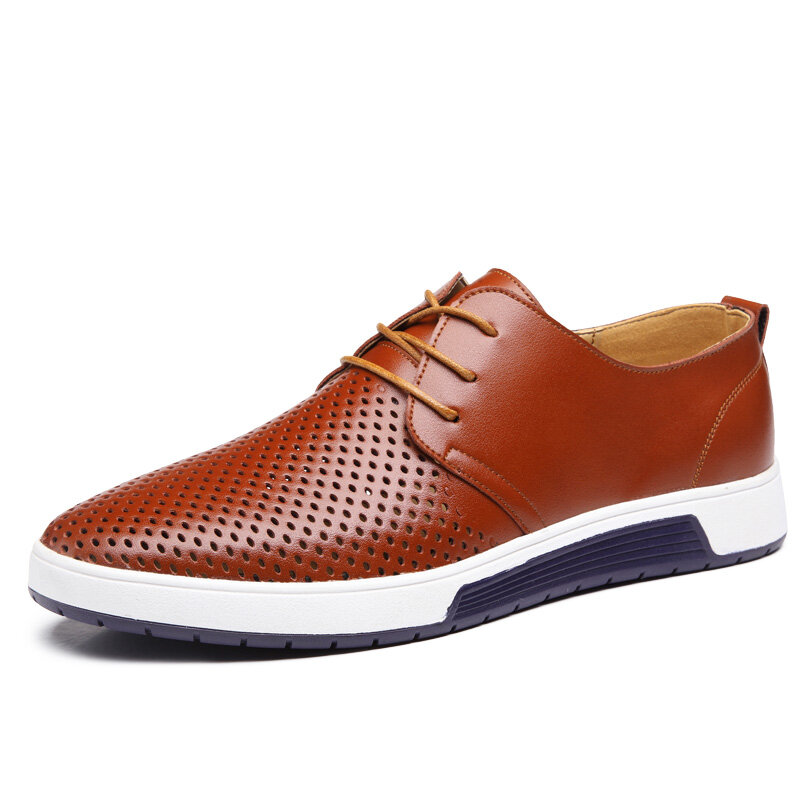 Men Round Toe Hollow Out Lace Up Hole Leather Shoes