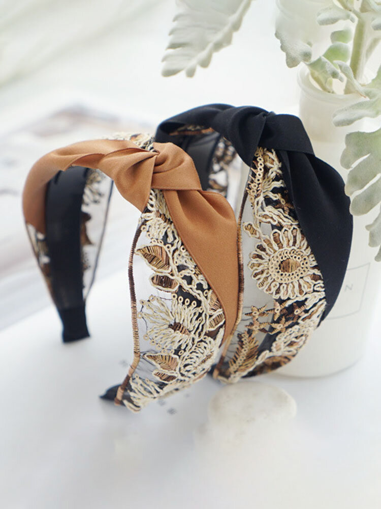 Vintage Embroidery Knotted Headband Floral Printed Non-slip Wide Side Press Hairband