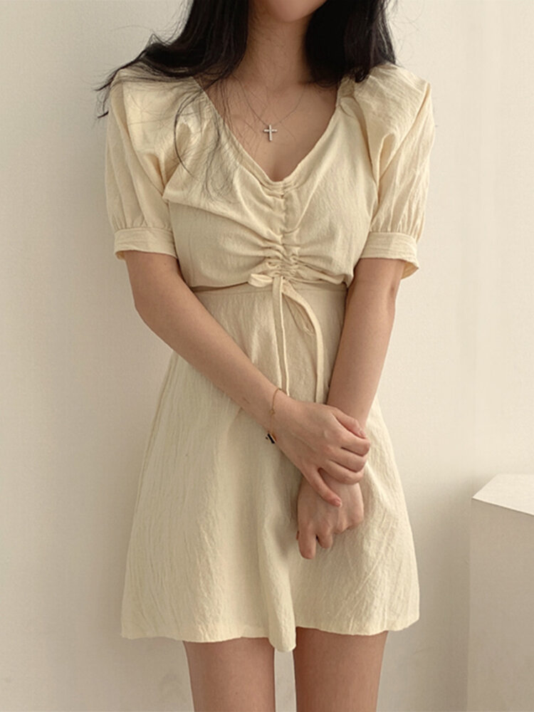 Solid Drawstring Puff Sleeve Tie Back A-line Dress