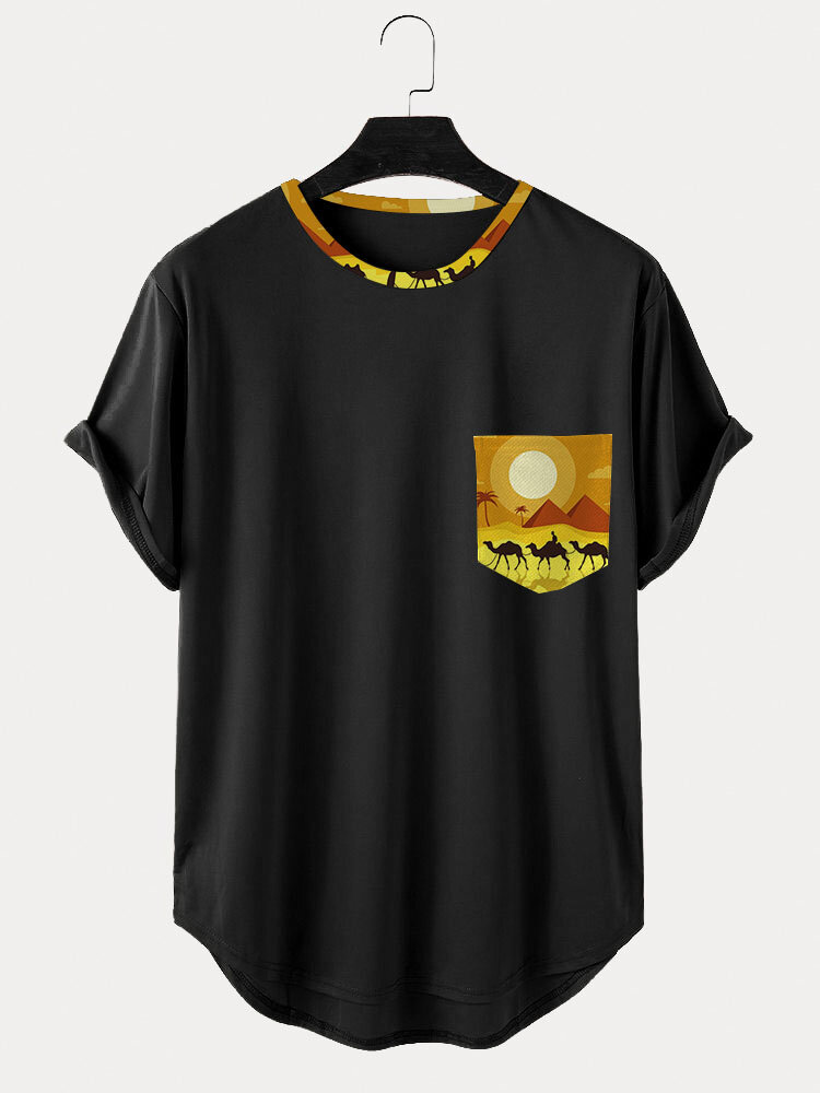 Camiseta masculina de manga curta com estampa de paisagem do deserto e bainha curva