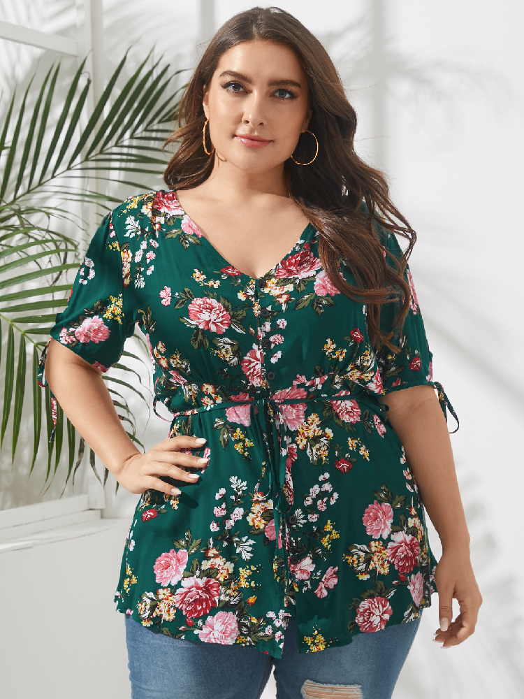 Floral Print V-neck Half Sleeve Plus Size Knotted Blouse for Women