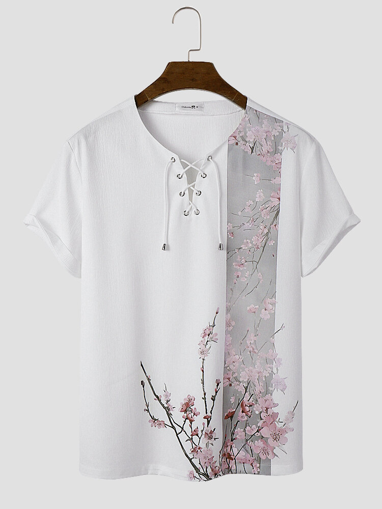 Mens Chinese Plum Bossom Print Lace Up Neck Short Sleeve T-Shirts