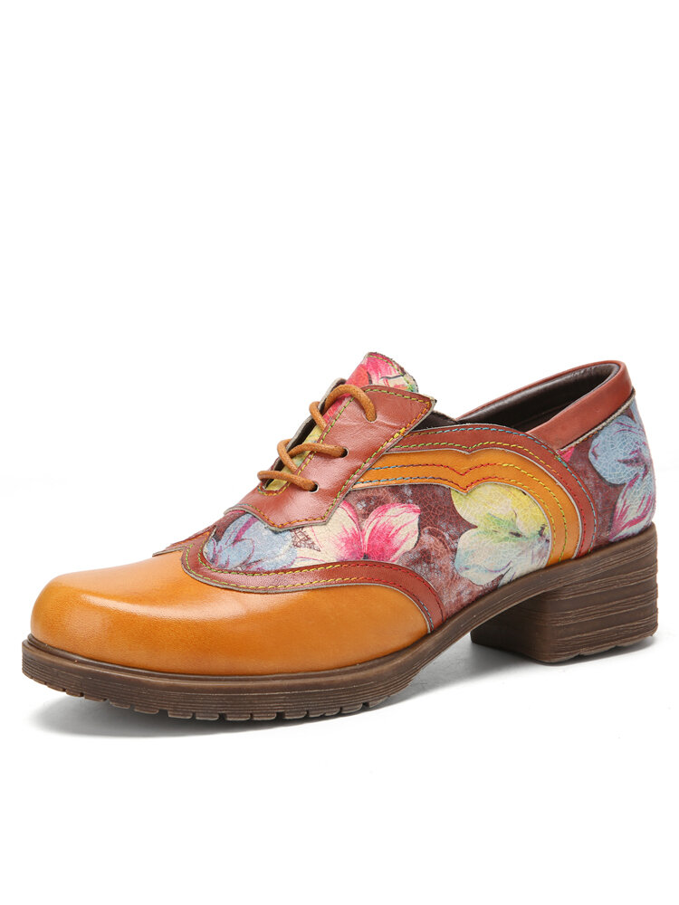 Socofy Genuine Leather Retro Floral Lace-up Comfy Round Toe Oxfords Heels