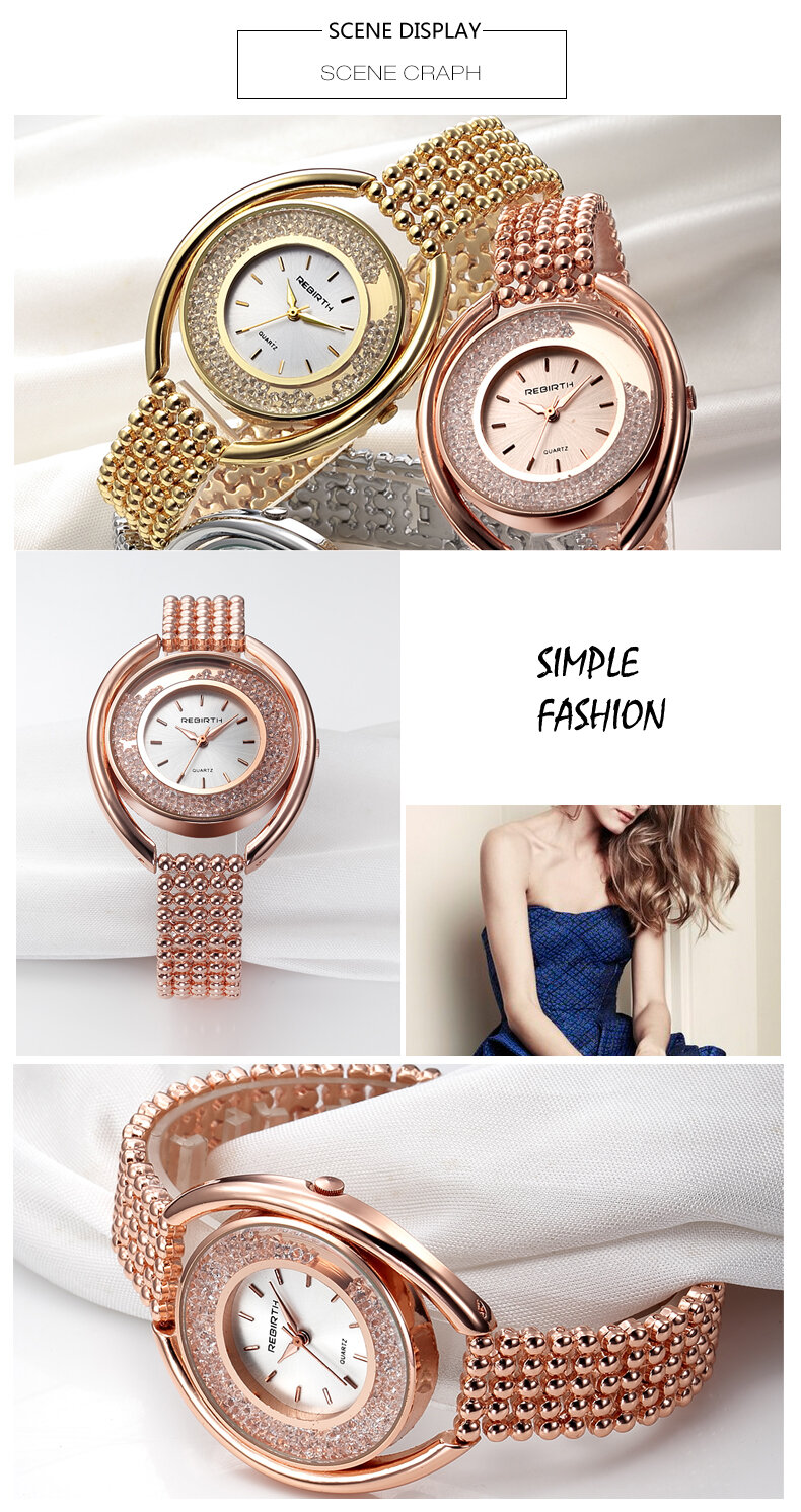 REBIRTH Luxury Rose Gold Watches Stainless Steel Rhinestones Bracelet Clock Fashion Gift for Women