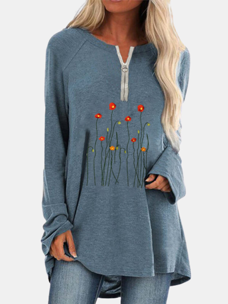 Flower Embroidery Long Sleeve Zip Front Asymmetrical T-shirt For Women