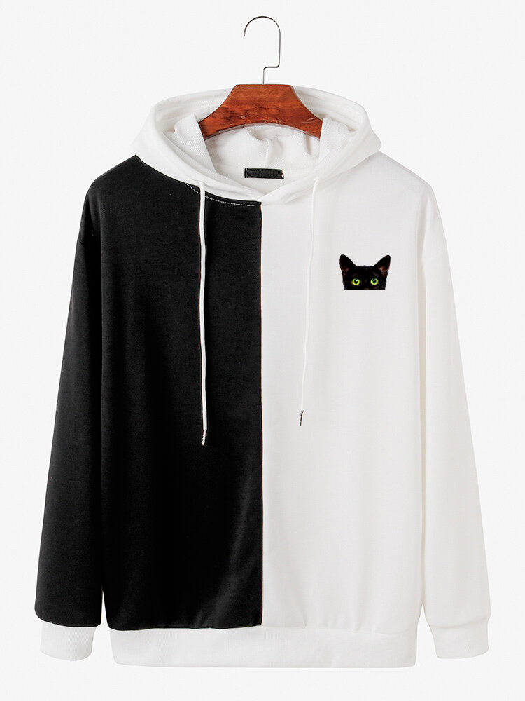 Mens Contrast Color Patchwork Cute Cat Drawstring Pullover Hoodie