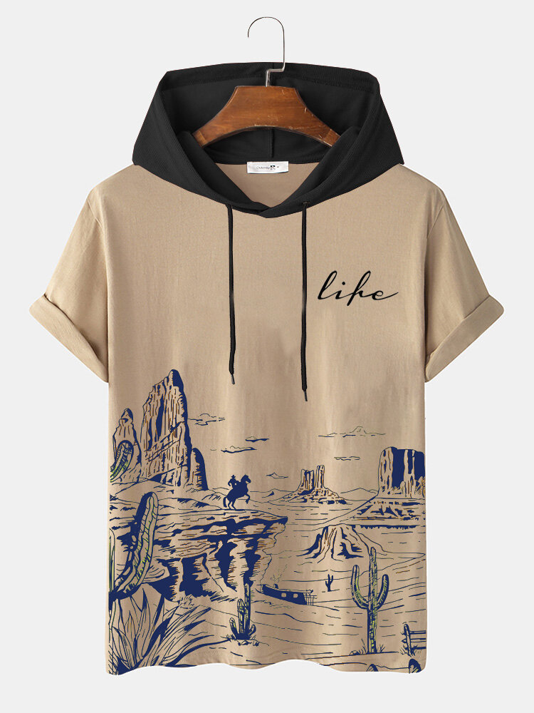 Mens Cactus Desert Landscape Print Short Sleeve Hooded T-Shirts