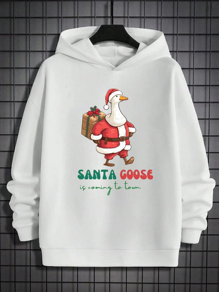 Mens Funny Santa Claus Goose Print Casual Long Sleeve Hoodies Winter