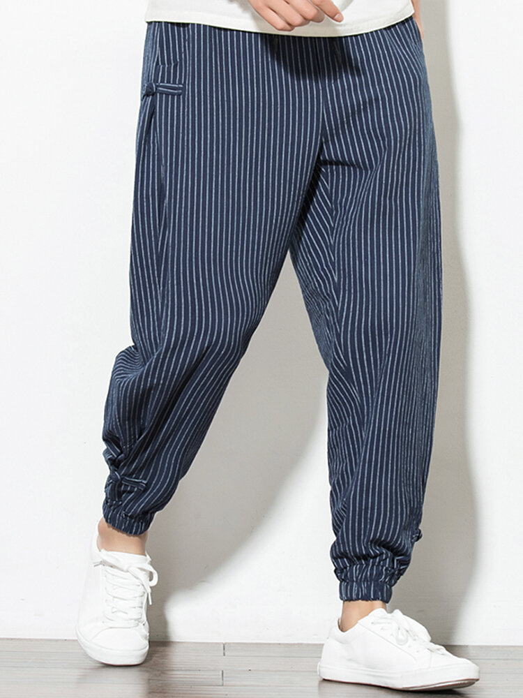 Mens Casual Striped Knot Decorate Drawstring Waist Ankle Banded Pants