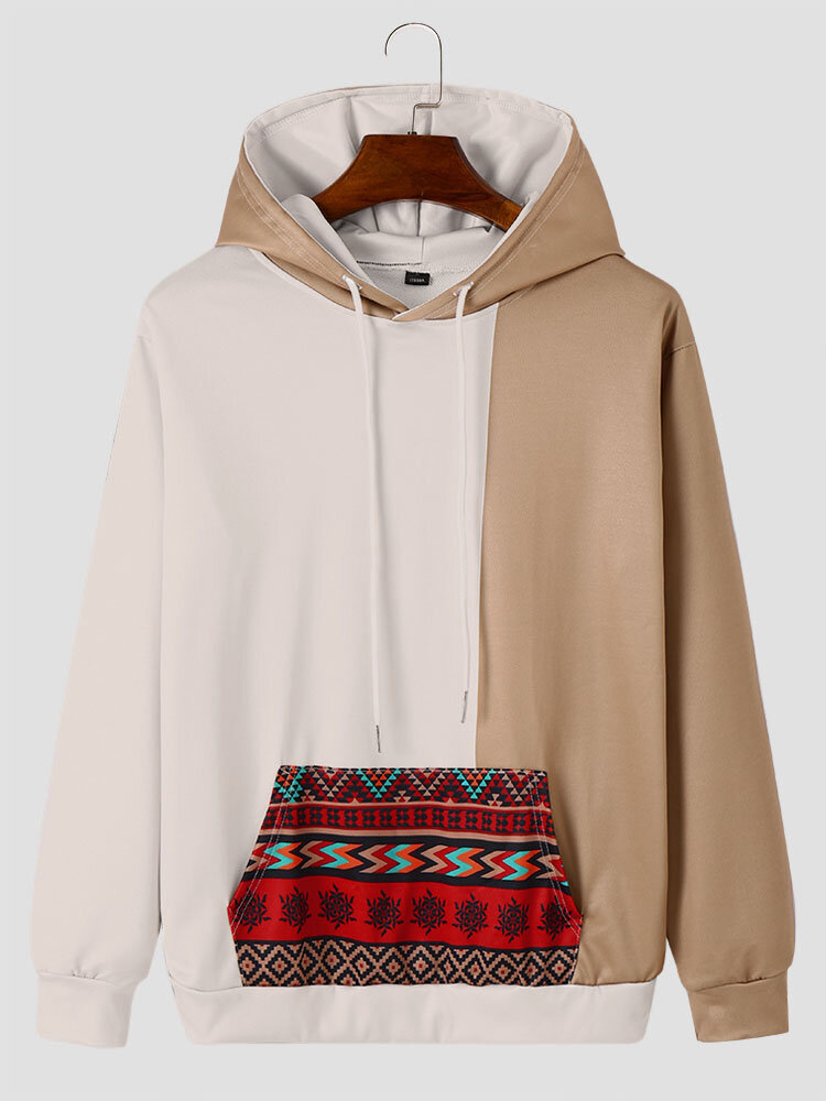 Mens Asymmetric Ethnic Kangaroo Pocket Hooded Sweatshirts