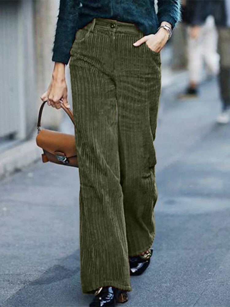 Women Vintage Corduroy Solid Color Casual Pants With Pocket
