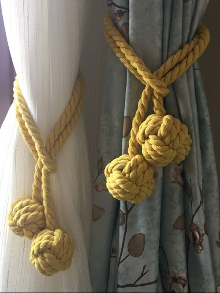 Curtain Tiebacks Hand Knitting Cord Rope Buckle Window Holdbacks with Double Balls 1 Pair