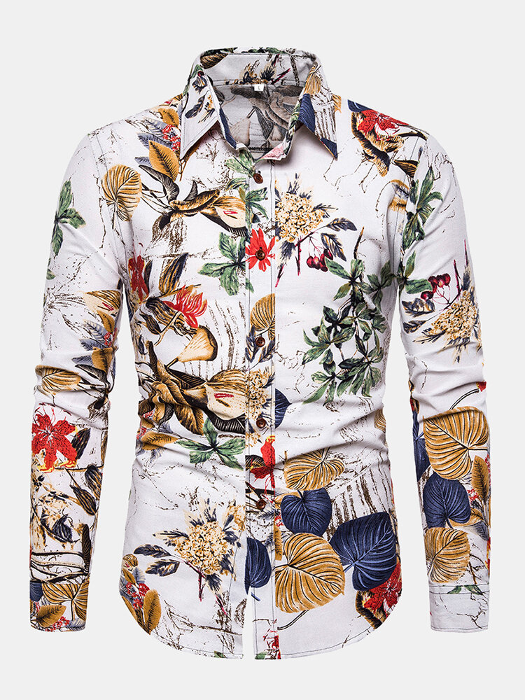 

Mens Leaves Floral Printing Flax Breathable Long Sleeve Loose Fit Casual Shirt, White