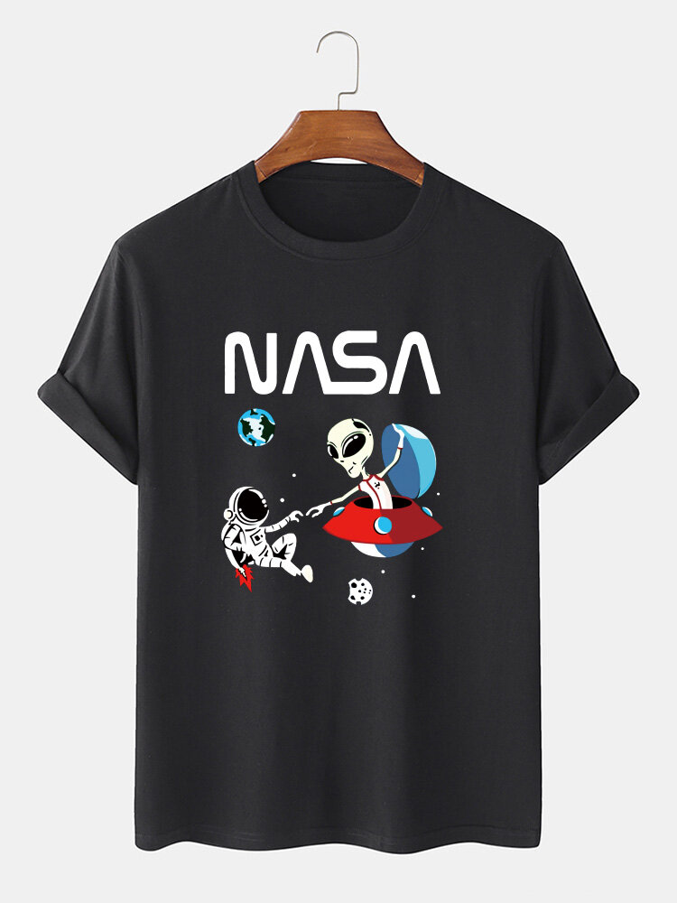

Mens Astronaut Alien NASA Print 100% Cotton Breathable Short Sleeve T-Shirt, Black;white;gray;blue;orange;khaki