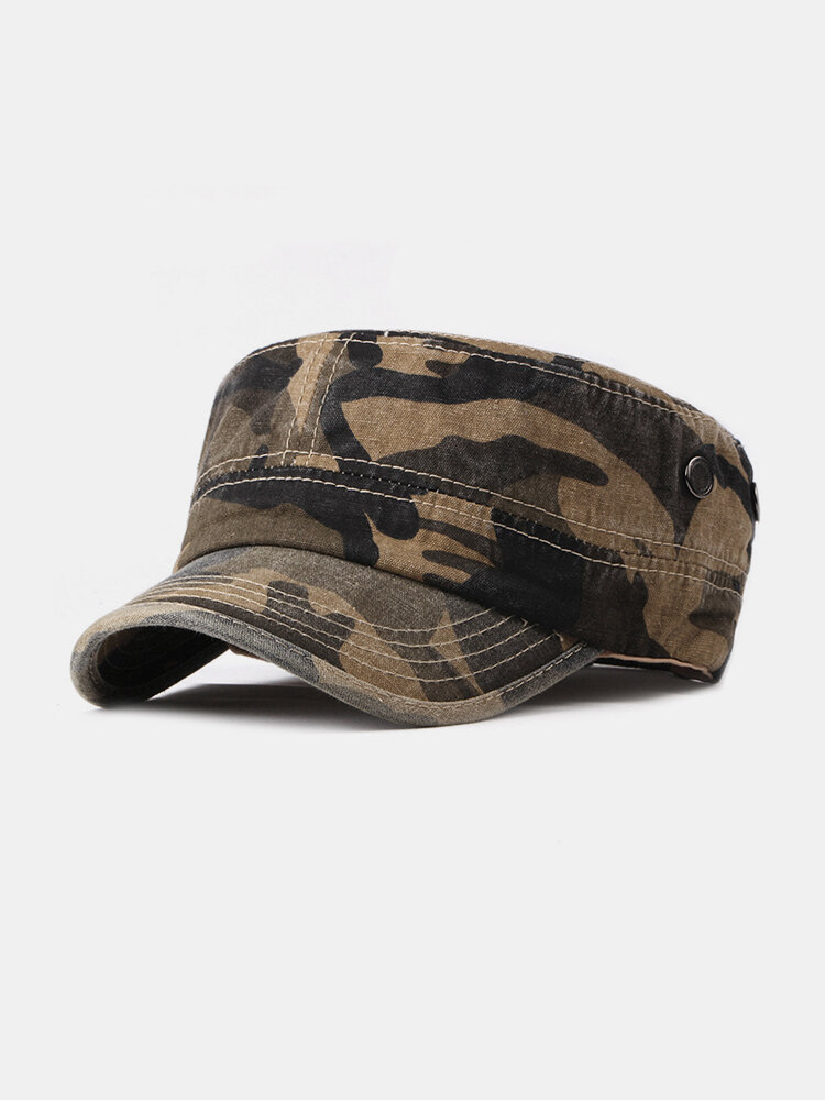Men Camouflage Simple Washed Cotton Flat Top Caps Hat Adjustable Outdoor Travel Sunscreen Army Caps