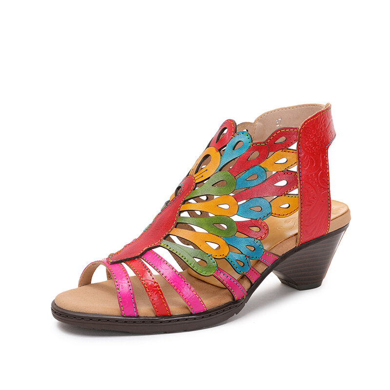 Socofy Genuine Leather Comfy Summer Vacation Bohemian Ethnic Colorblock Heeled Sandals