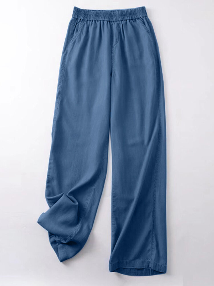 Solid Elastic Waist Pocket Wide Leg Denim Jeans