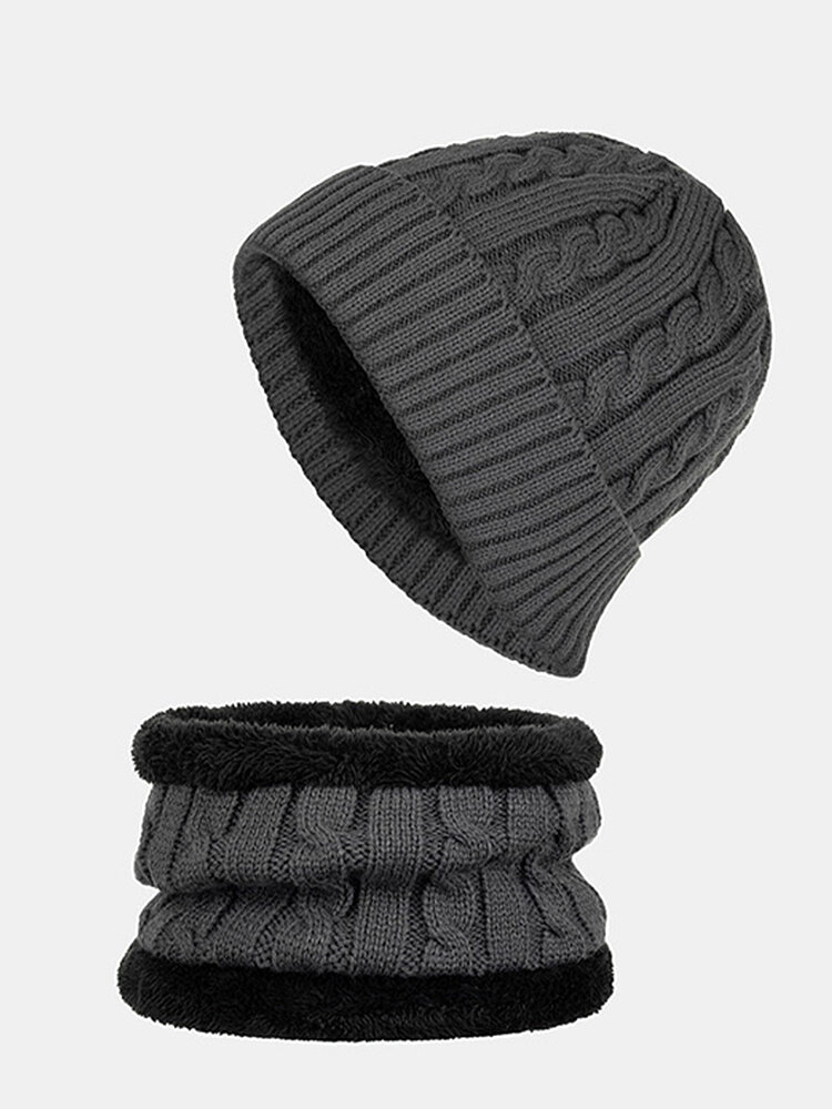 Men Acrylic Knitted Plus Velvet Solid Twist Pattern Jacquard Casual Outdoor Windproof Warmth Beanie Hat Scarf Set