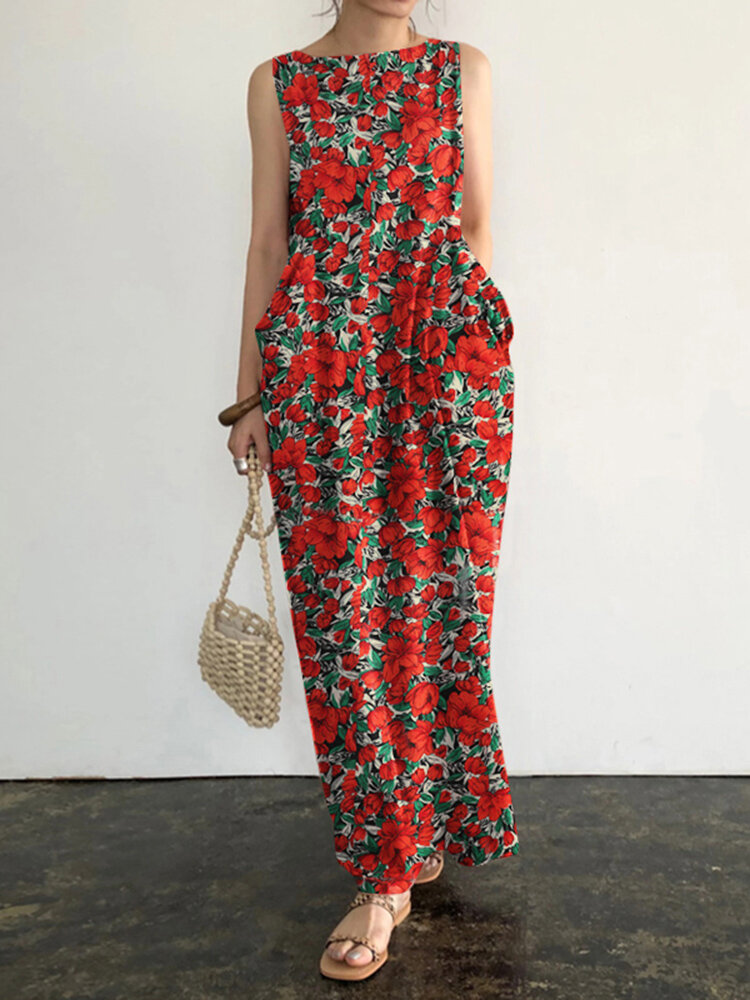 Vestido maxi sem manga com estampa floral de bolso