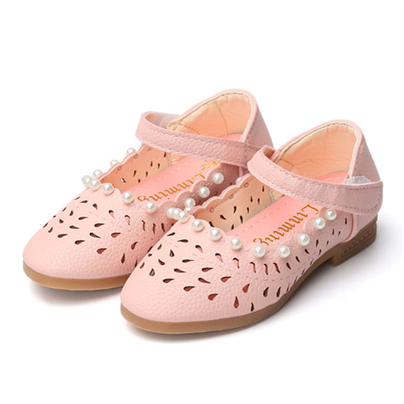 Girls Pearl Decor Hollow Breathable Hook Loop Mary Jane Shoes