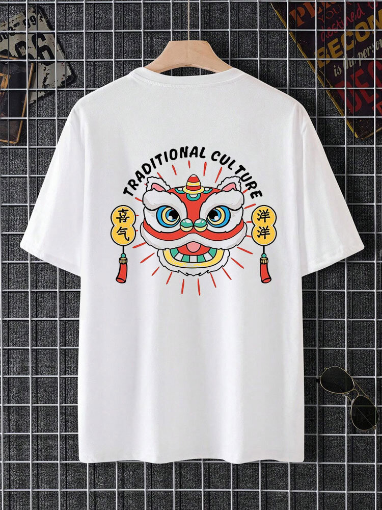 Camisetas masculinas de manga curta com estampa traseira de leão chinês e gola redonda de inverno