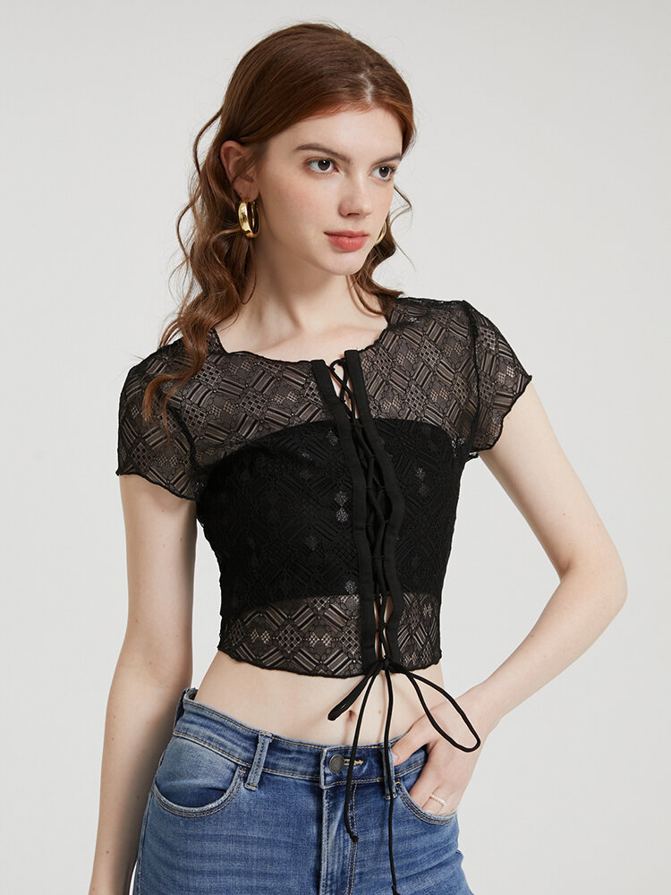 Crochet Lace Knot See Through Short Sleeve Crew Neck Crop Top