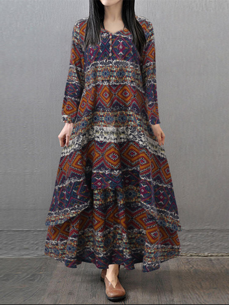 Women Ethnic Printed Two Layers Long Sleeve Vintage Maxi Dresses