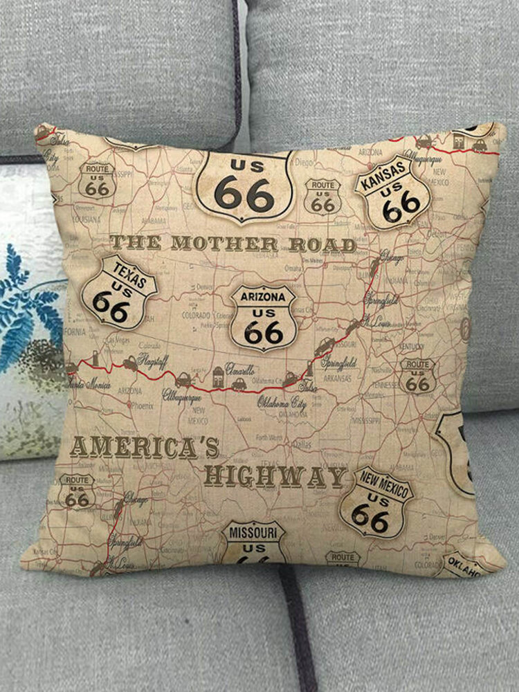 Vintage America 66 Road Pattern Linen Cushion Cover Home Sofa Soft Waist Throw Pillowcases Art Dec